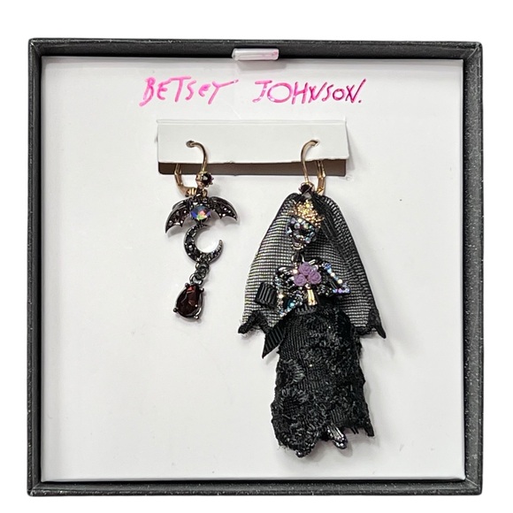 Betsey Johnson Dark Magic Skeleton Bride Bat Moon Dress Mismatch Earrings NIB - Picture 1 of 6
